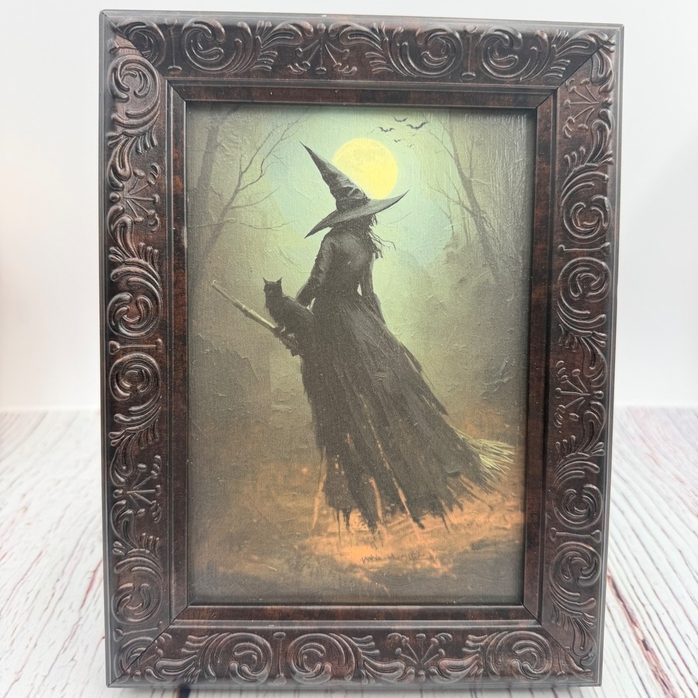 Witch Black Cat Original Folk Art Ornate Framed Halloween Gothic Decor 6x8